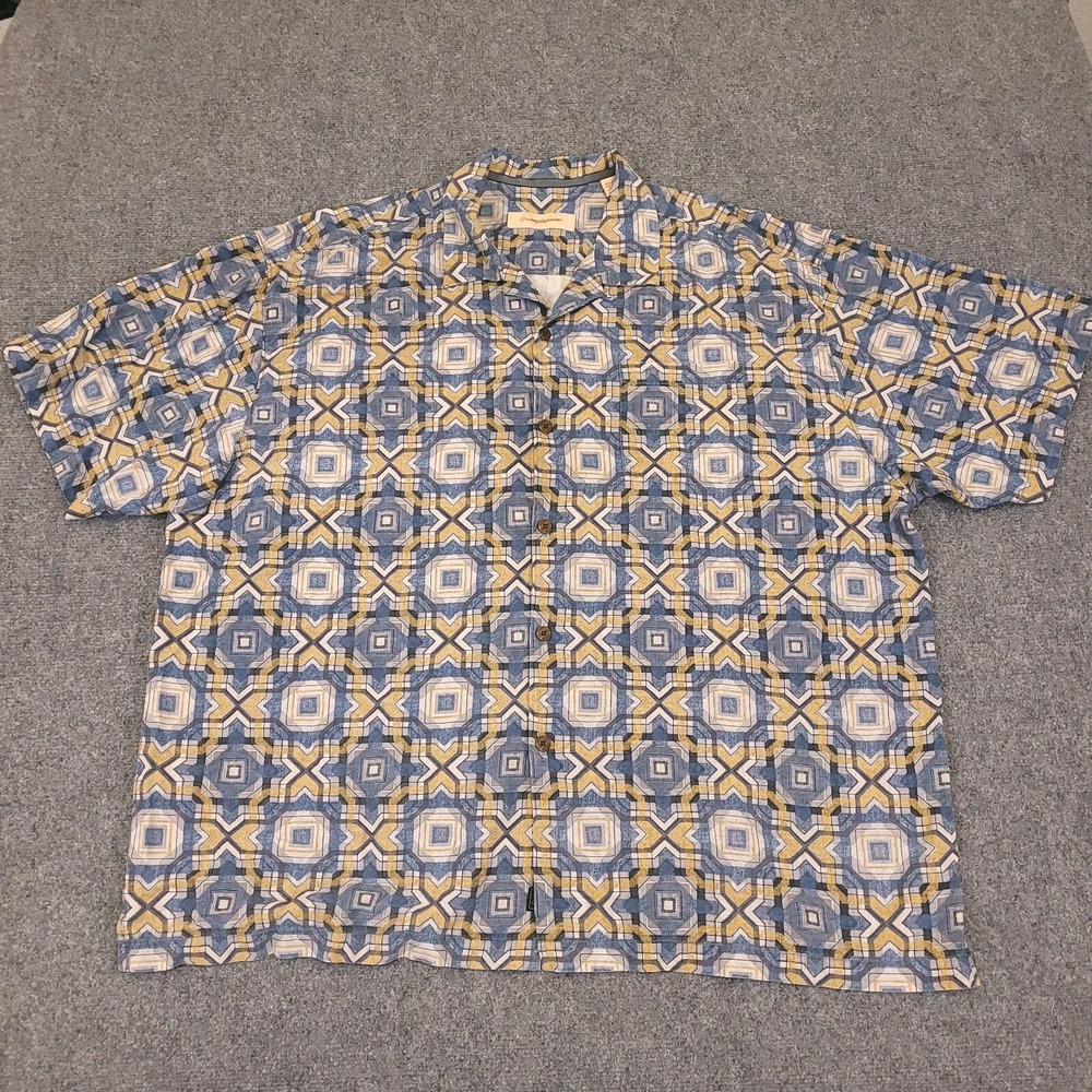 Tommy Bahama Shirt Mens XXL 2XL Button Up 100% Silk Geometric Aztec Short Sleeve